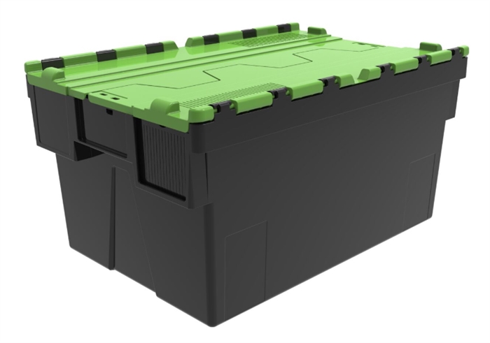 Transportkasse, plast, 600x400x250 mm , Sort, grønt låg