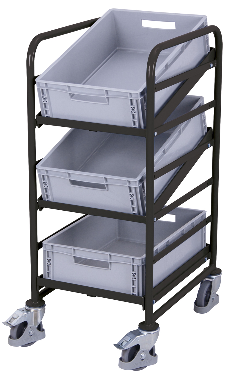 Plukkevogn EURO kasse hylder, Åbne inkl EURO kasser 520x665x1160 mm 3 lastflader, Antracit