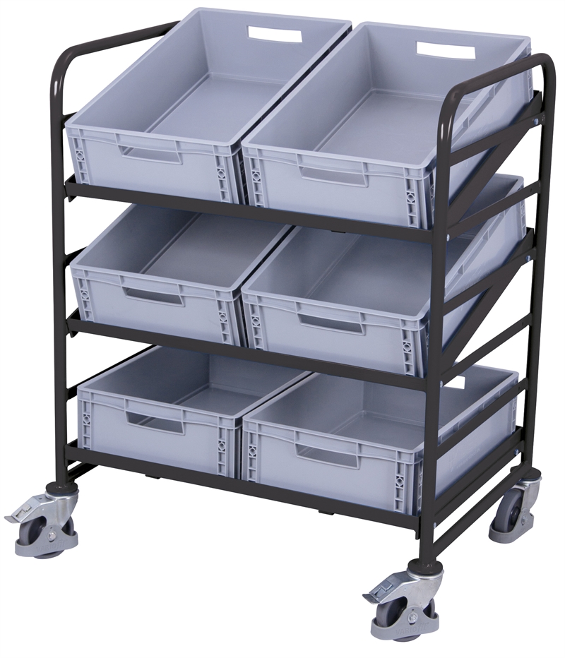 Plukkevogn EURO kasse hylder, Åbne inkl EURO kasser 935x665x1160 mm 3 lastflader, Antracit