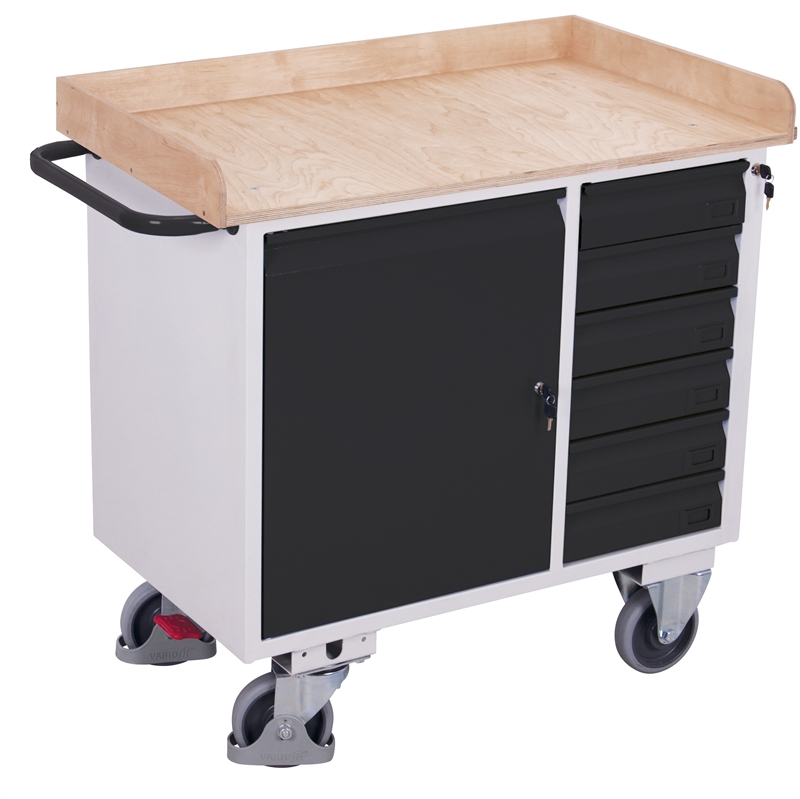 Værkstedsvogn m/kant, skab, 6 skuffer, 1125x610x1040, Antracit